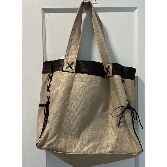 GOGO Voyage Leather Trim Canvas Tote Bag Brown Beige Gold NWT - Picture 2 of 9